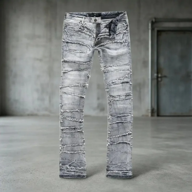 

Men's Fashion Streetwear Jeans with Vintage Patchwork Design and Rough Edges, Slim Fit, Personality Stylish Skinny Pants, Casual