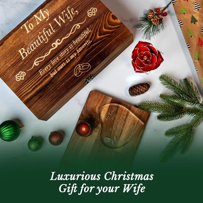 Christmas for Wife Her Anniversary Women Engraved Wooden Gift Set 'to My Beautiful Wife' Includes Crystal Engraved Heart