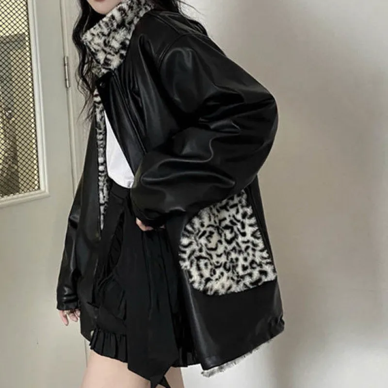 PU Leather Jacket Women's Winter 2024 New Hooded Motorcycle Coat Leopard Print Two-sided Thickened Cotton-padded Jacket