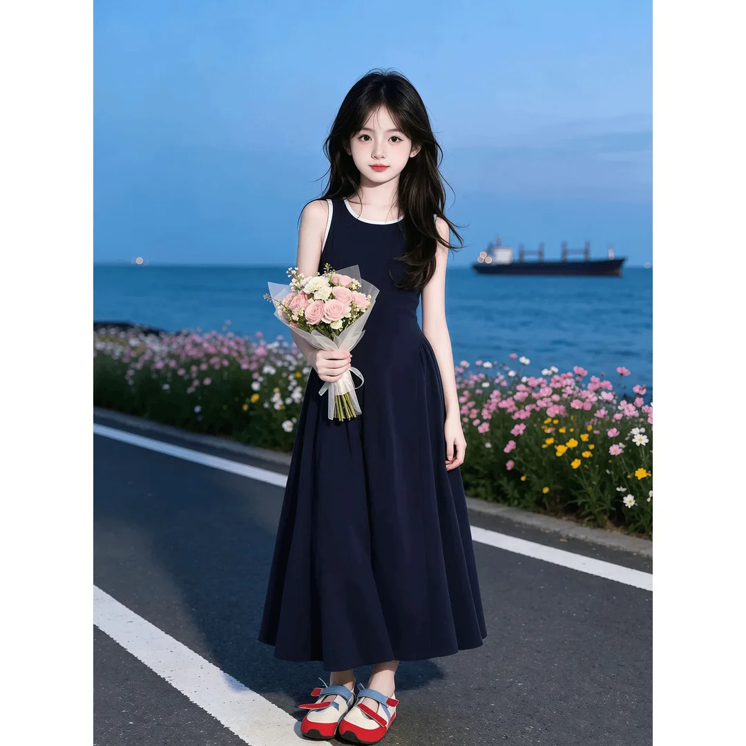 4-14 year old dress, summer new stylish girl, fashionable hollow out sleeveless vest skirt, children's slimming long skirt