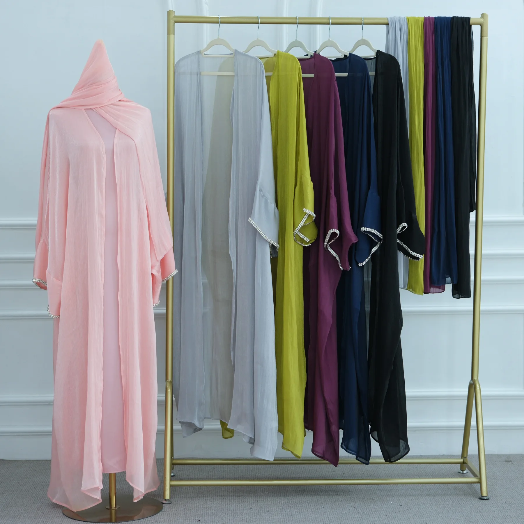 

Fashion Muslim Women Diamonds Kimono Cardigan Open Abaya Dresses Scarf Long Robe Dubai Turkey Gown Islamic Clothing Arabic Saudi