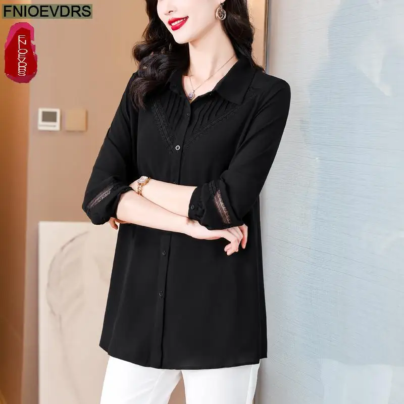 L-6XL Loose Clothes New Spring Summer Hollow Out Tops Women Basic Wear Office Lady Work Solid Black Elegant Button Shirts Blouse