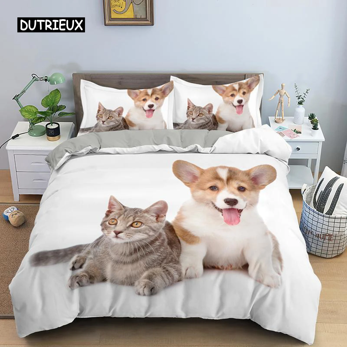 

Dog and Cat Duvet Cover Set Queen Size Animal Theme Twin Bedding Set for Kids Boys Girls Microfiber 3D Puppy Kitten Quilt Cover