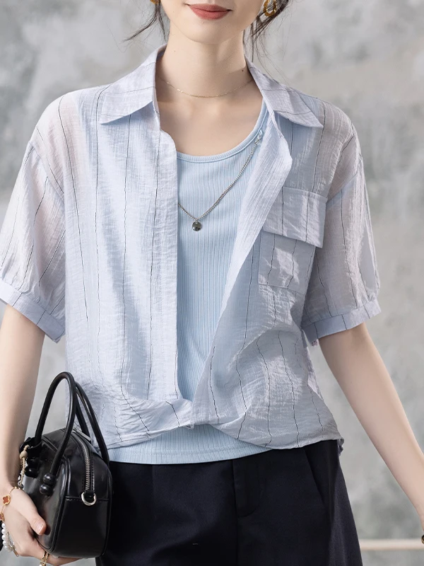 

Модная женская рубашка в полоску с синим воротником, летний новый стиль, комплект из двух предметов, повседневная офисная одежда с длинным рукавом