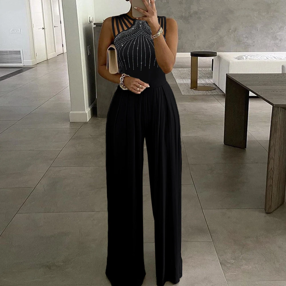 

Women's Jumpsuits All Season French Minimalist Nipped Waists Sleeveless Crew Neck Full Length Straight Jumpsuits