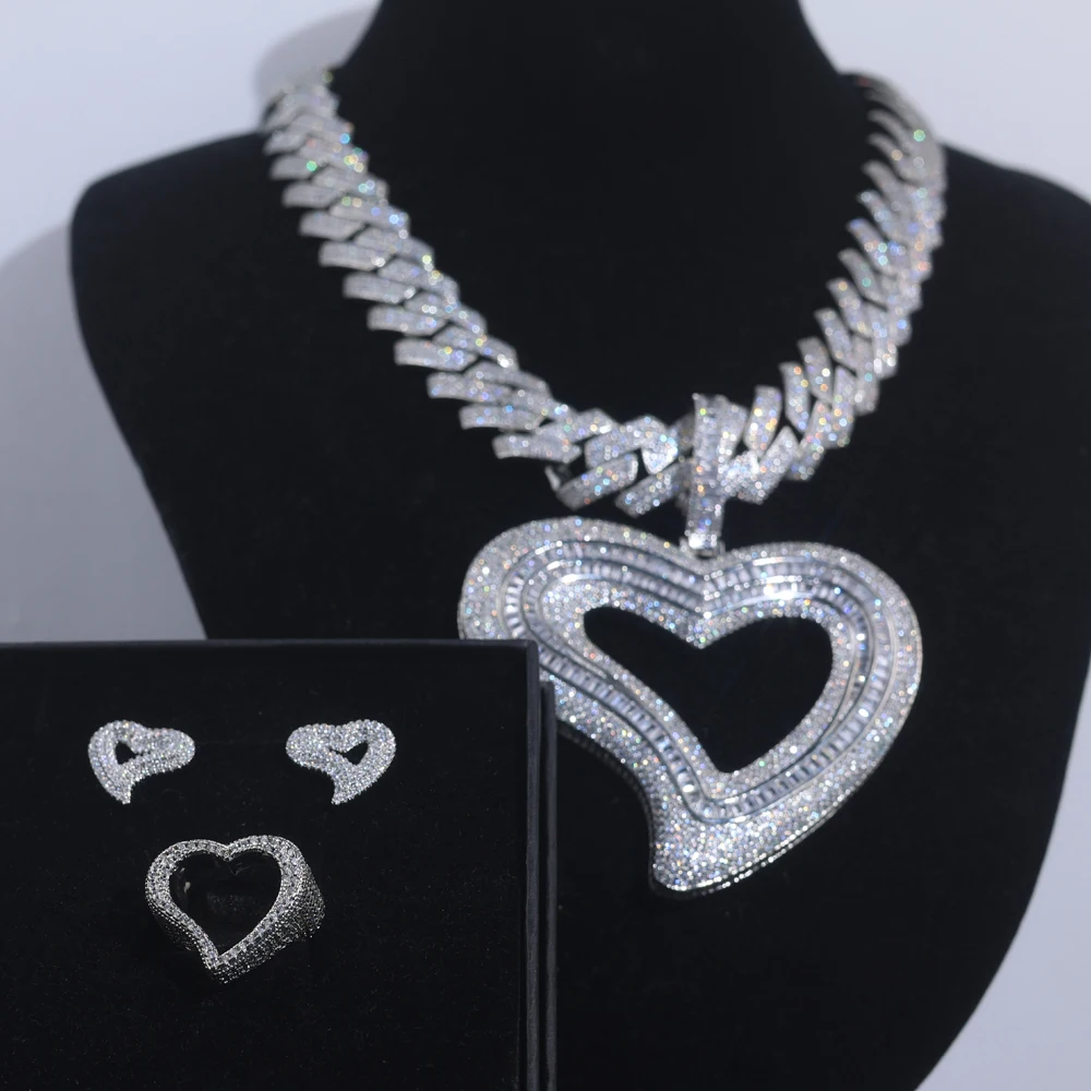 Punk rock irregular heart-shaped silver color tag with Cuban chain necklace ring earrings set jewelry chain width of 19mm.