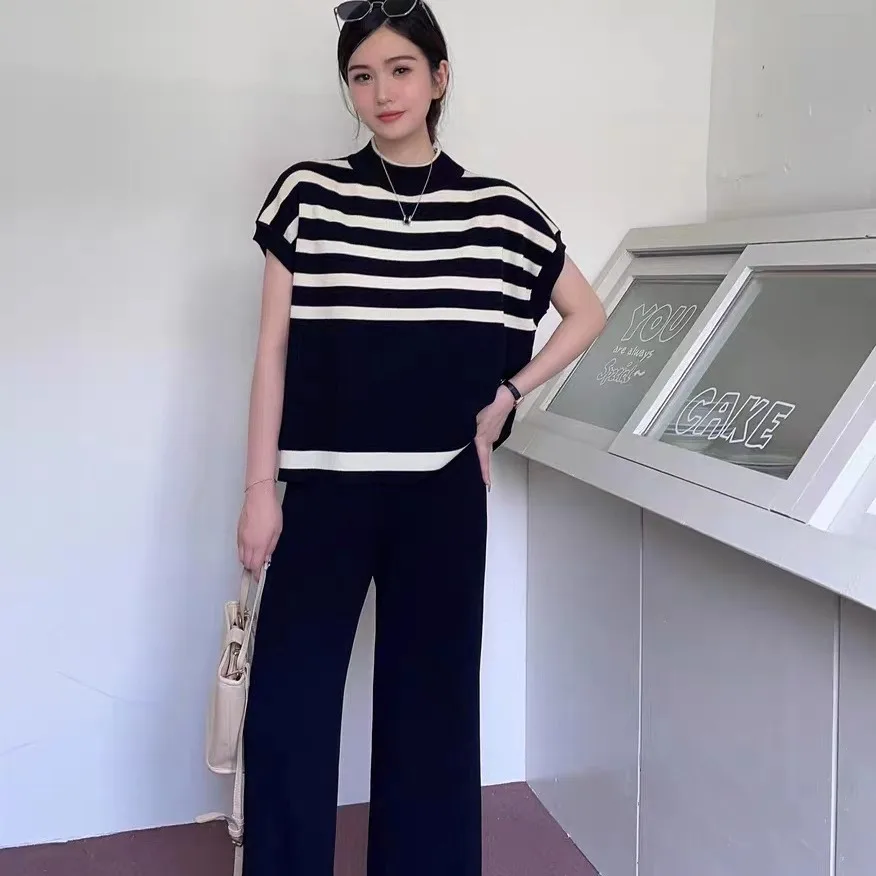 2025 Simple High-end Fashionable Niche Striped Knitted Vest Top + Fashionable Slim-fitting Wide-leg Pants for Women