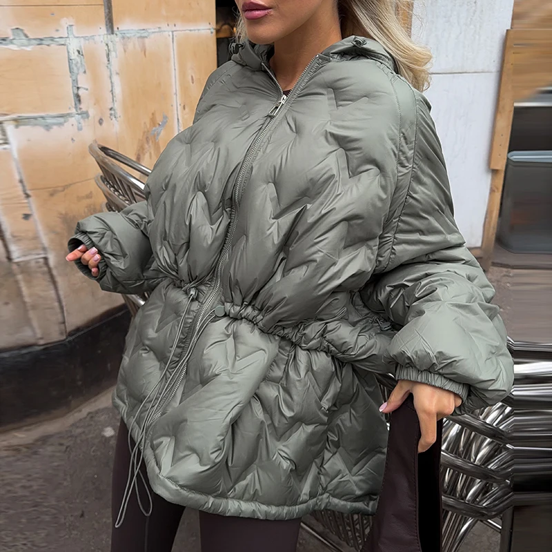 2026 Winter Solid Women Thicken Coat Casual Long Sleeve Hooded Zippers Pleated Female Outwear Elegant Lady Oversize Jacket