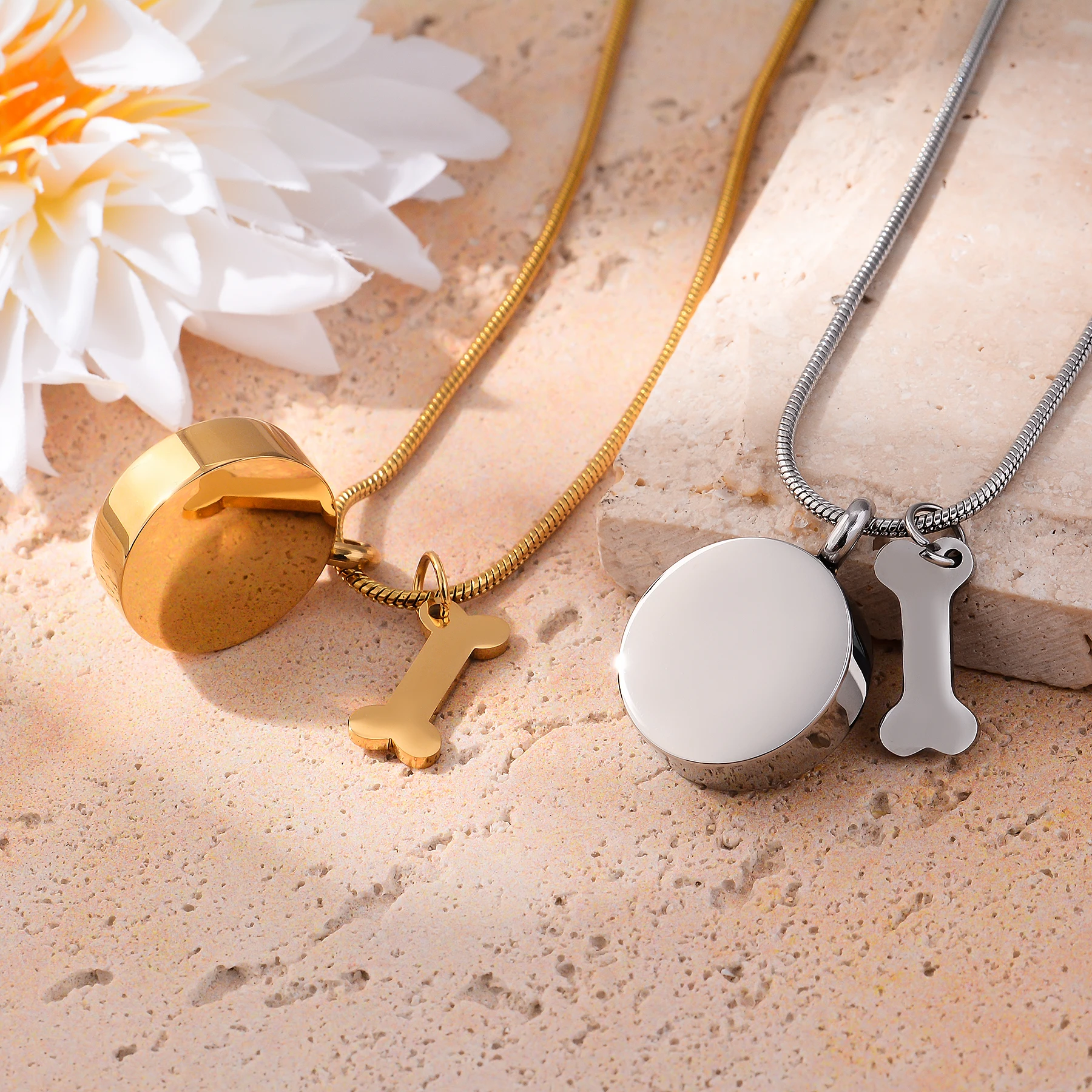 Maßgefertigte Edelstahl-Urnenkette mit rundem Anhänger für Asche, Schmuck für Frauen und Männer, Haustier-Andenken, Gedenk-Medaillon, Aschebehälter – Detail 5
