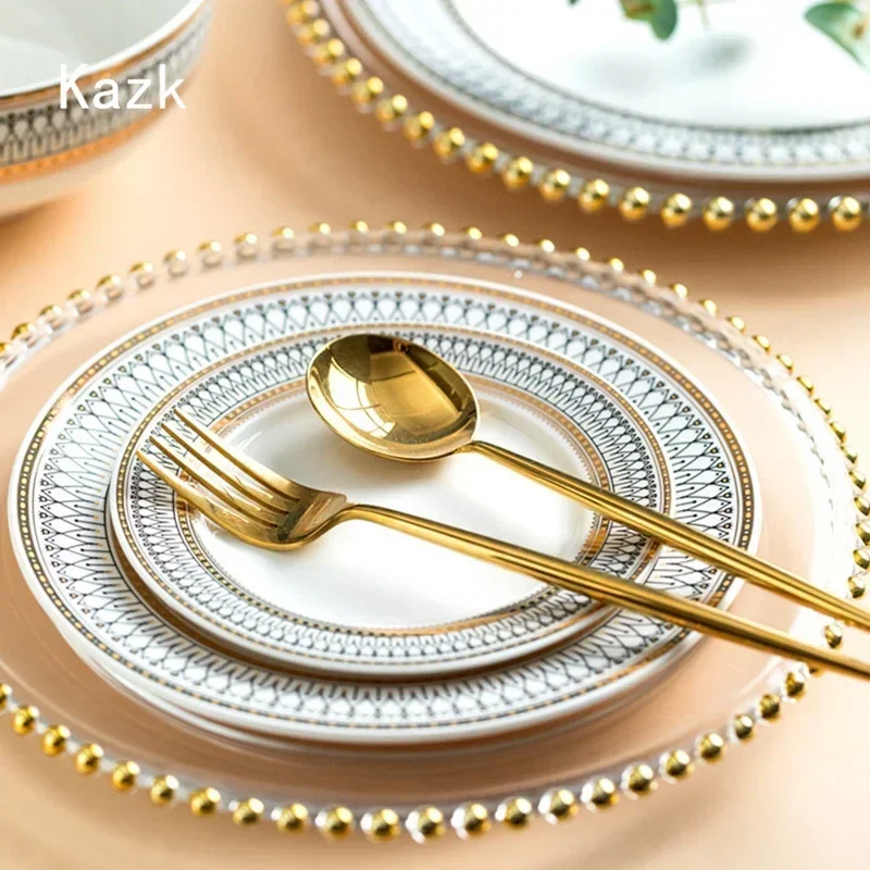 European Style Golden Stroke Ceramic Plate Home Dining Table Decor Pasta Dinner Plate Soup Bowls Sense of Luxury Tableware Set