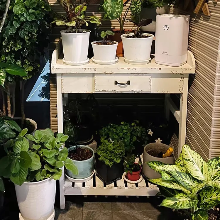 

American rural retro pastoral multi-layer balcony wooden flower stand, flower table, storage table, succulent wooden flower