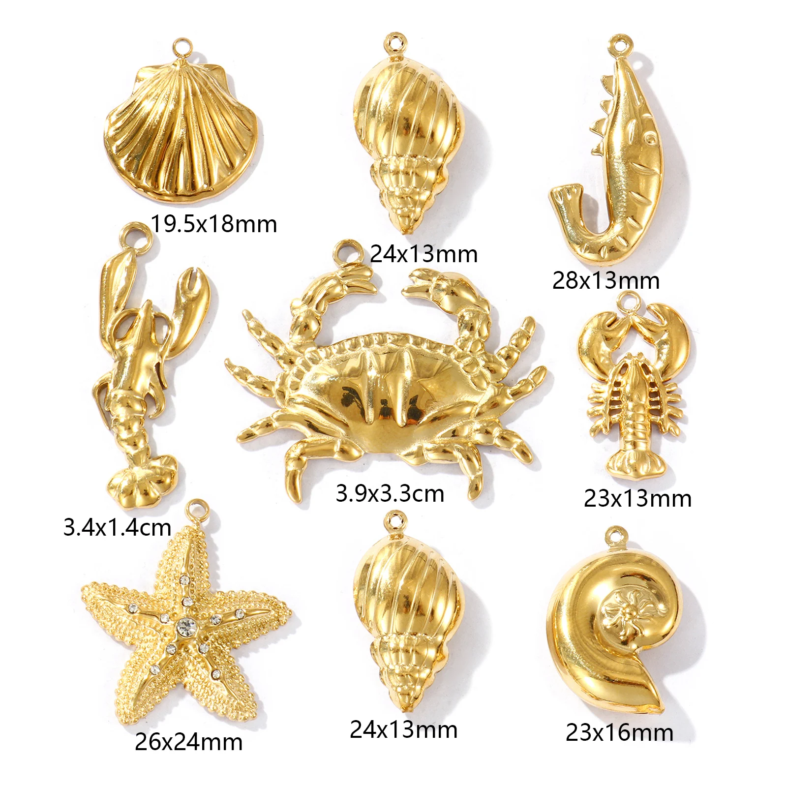 2 Pcs Ocean Charms 304 Stainless Steel Marine Life Shell Conch Shrimp Crab Starfish 18K Gold Plated Pendant DIY Necklace Making