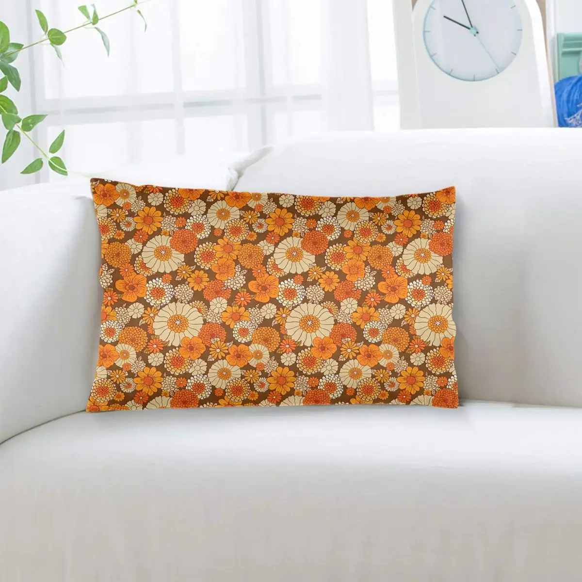 70s Retro Daisies Vintage Flower Power Orange And Brown Boho Rectangle Pillowcase Cushion Cover Bedroom Bed Home Throw Pillow