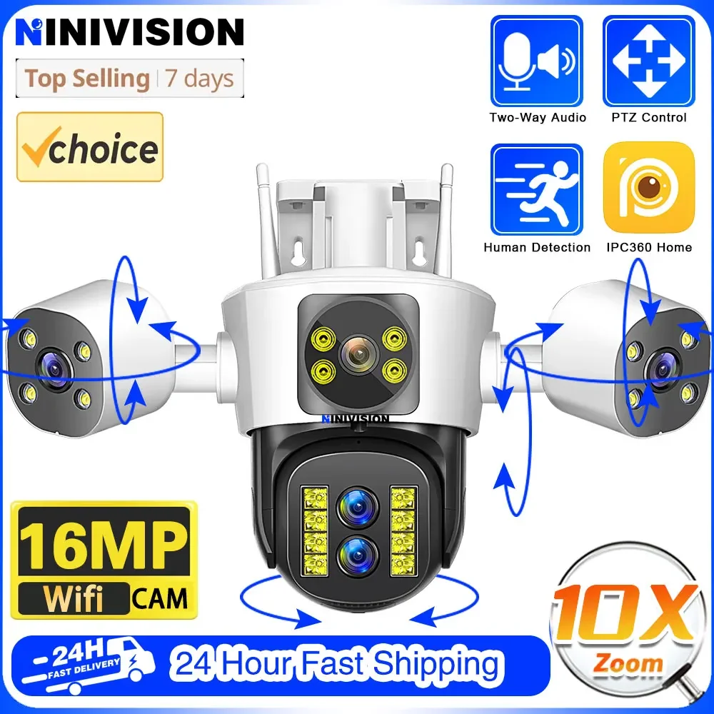 

16MP 8K WiFi Security Cameras Four Len Three Screens 10X Zoom Outdoor PTZ Video Cam Auto Tracking 6K Waterproof Surveillance Cam