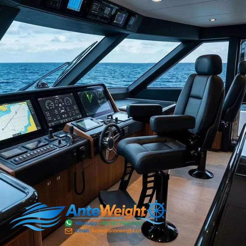 Foldable Boat Captain Seat Marine Pilot Chair Ergonomic Support PU Leather with Pedestal for Yacht Marine Pontoon Commercial
