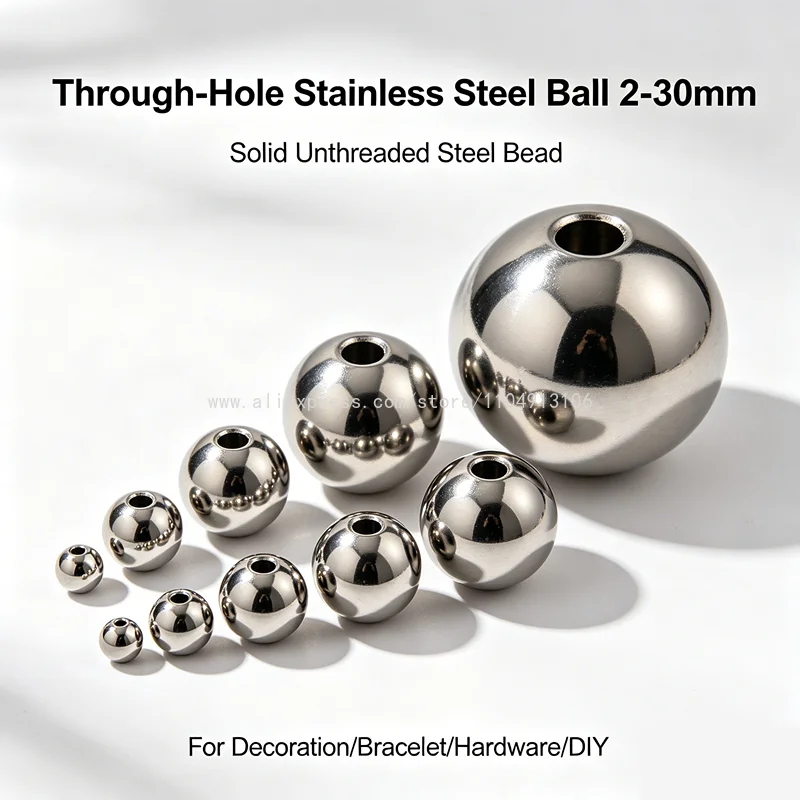 2-30mm Solid Piercing Bead Unthreaded Through-Hole Stainless Steel Balls DIY Jewelry Bracelet Hardware