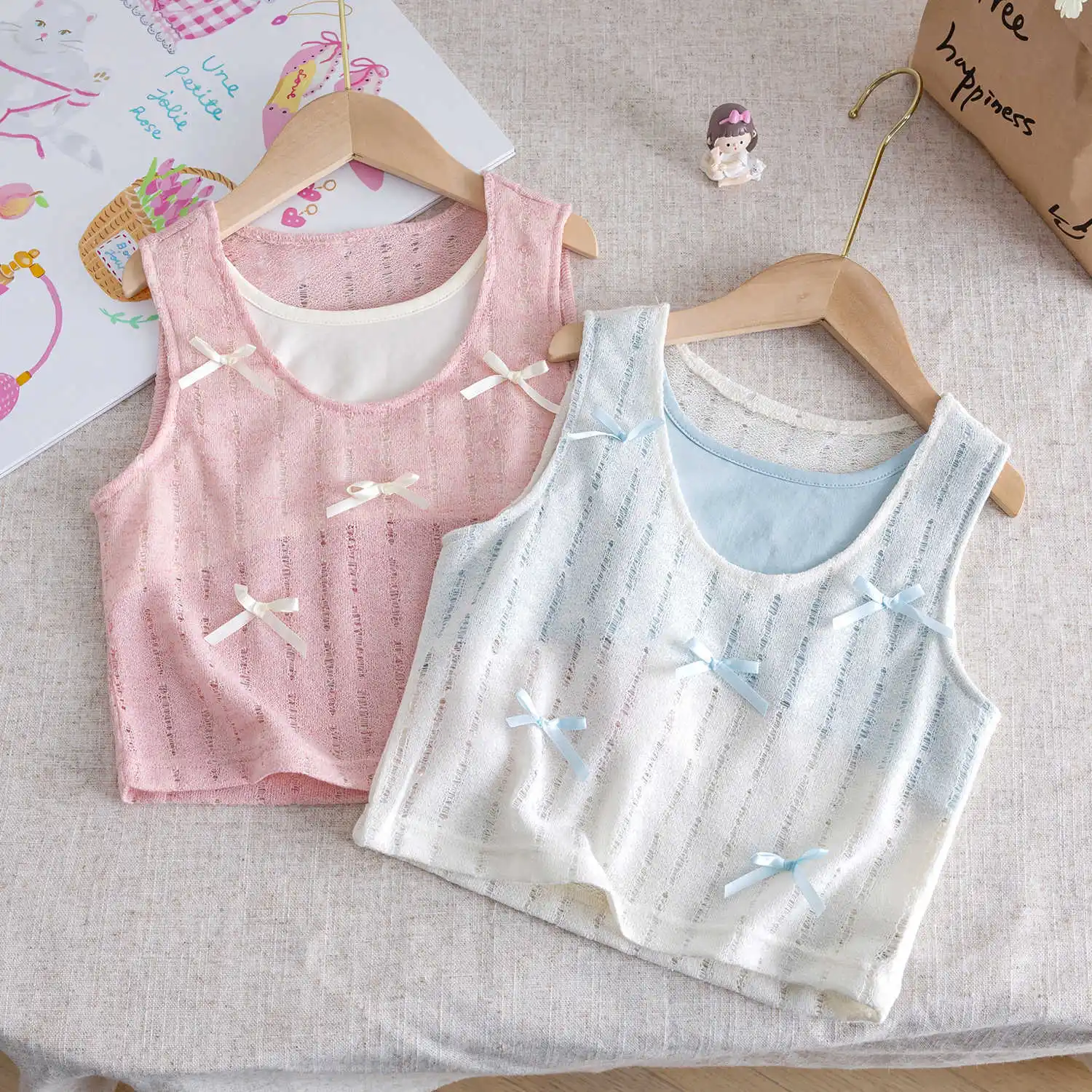 Girls Vest Outer Wear 2025 New Summer Children's Bow Top Baby Girl Sleeveless Bottoming Shirt Fashion