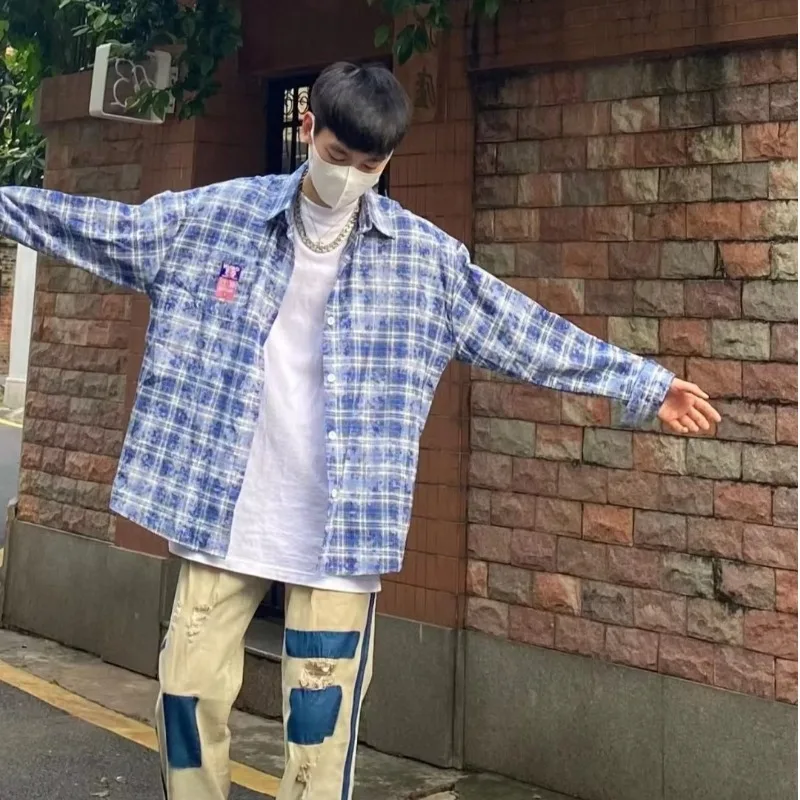 Spring Street Fashion Set Mens Blue Plaid Printed Shirt+color Blocking Trendy Jeans 2-pcs Set Retro College Suit Male New