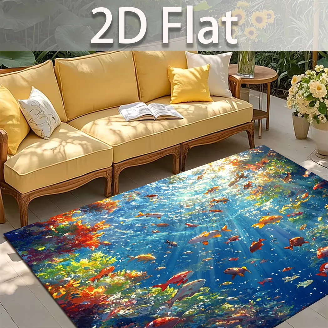 1pc 2D Flat Underwater Dream Fish School Rectangle Area Rug, Versatile Home Decor, Ideal Gift, Perfect for Dining Room Bedroom