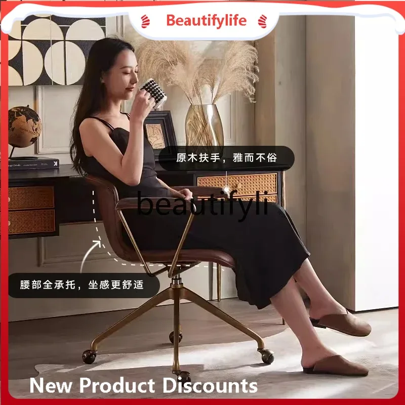 

Скандинавское современное офисное кресло из воловьей кожи первого слоя, ностальгическое офисное кресло в стиле ретро, железное компьютерное вращающееся кресло4