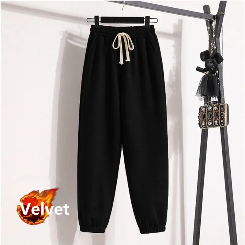 Winter Women\'s Thick Velvet Warm Clothes Korean Fashion Cute Bear Bag Sweatshirt Pants Black Set Casual Sports Trouser Tops Suit