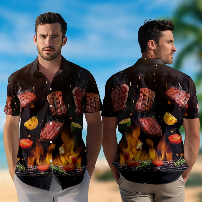 Food Barbecue 3D Printed Short Sleeve Shirts For Men Clothes Casual Vacation Beach Shirt Funny BBQ Party Lapel Blouse Steak Tops