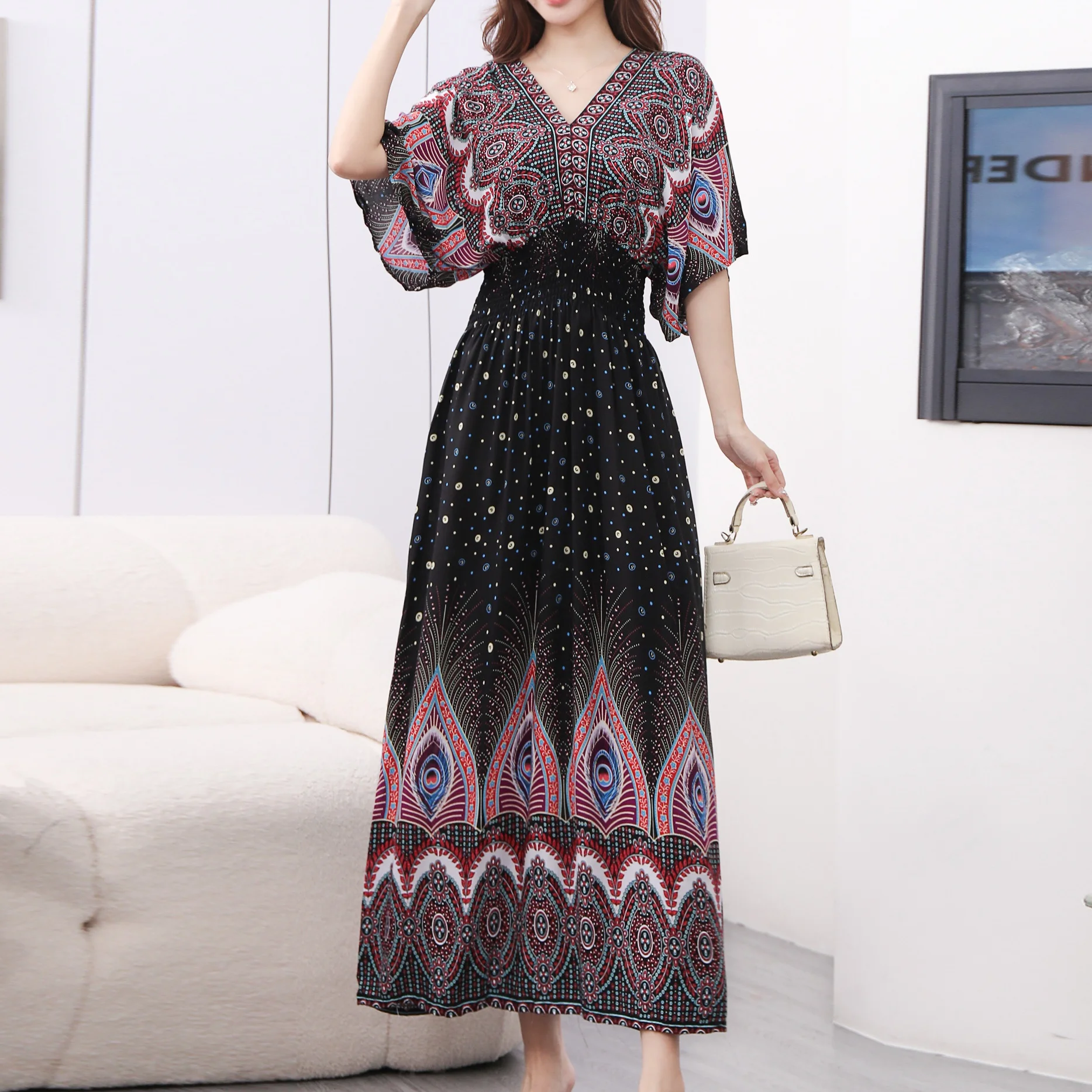Vintage Retro Women\'s Red ress New In Office Lady Party Dress V-Neck Short Sleeve A-Line Dress Elastic Waist Chic Print Dress