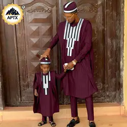 Completo coordinato africano per la famiglia Bazin Riche set musulmani Dashiki padre e figlio abbigliamento Agbada Robe Shirt e pantaloni cappello Y23F001