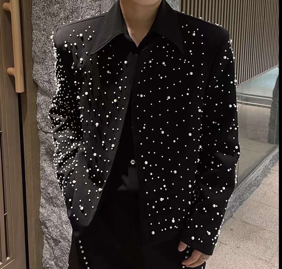 2025 New Fashion Heavy Rhinestone Starry Sky Jacket Handsome Men Loose Casual Short Turn-Down Collar Coat Trendy