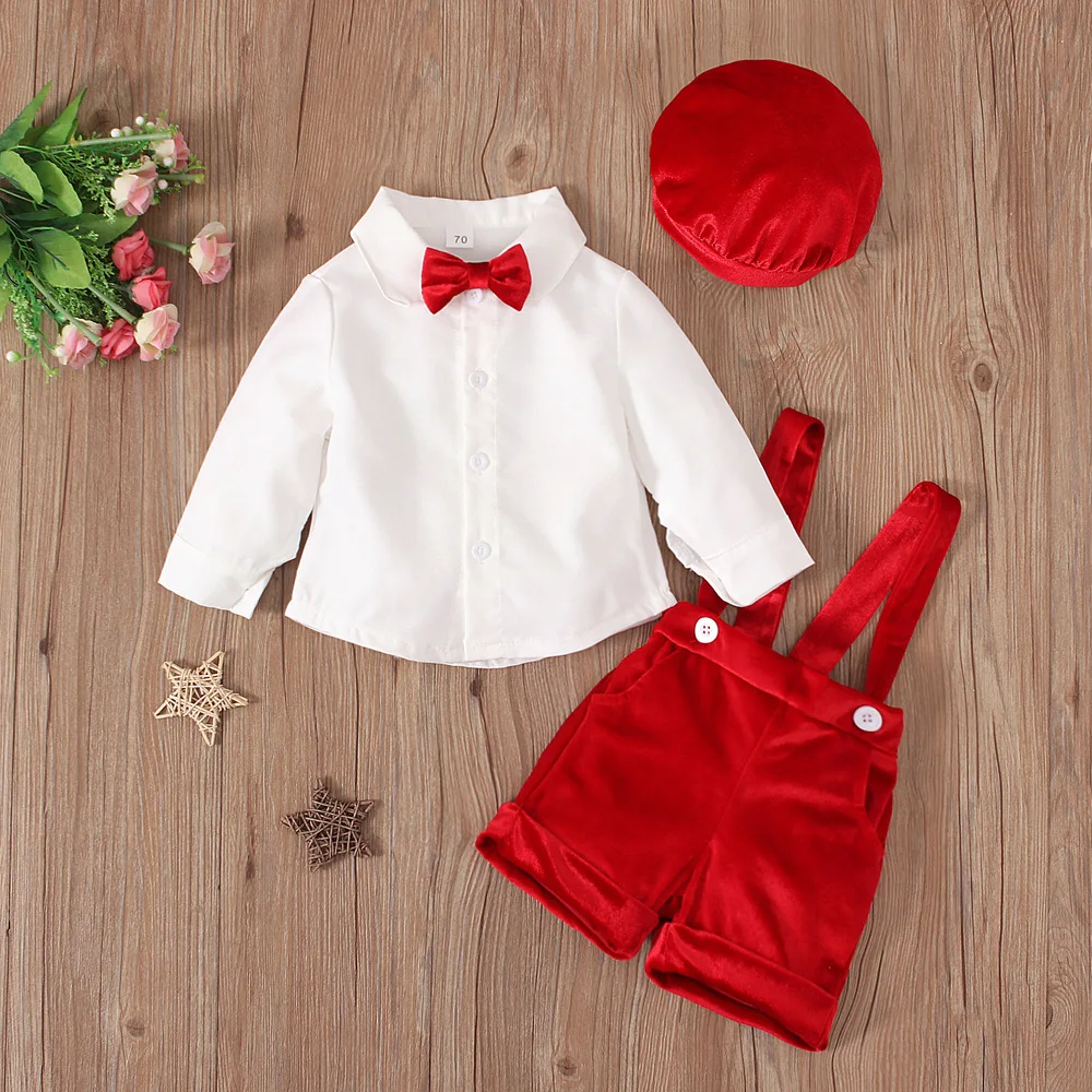 3Piece Spring Autumn Toddler Boy Outfits Korean Fashion Gentleman Tie Long Sleeve Tops+Shorts+Hat Baby Boutique Clothing BC2217
