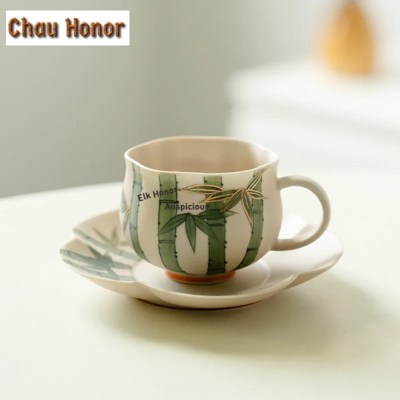 

130ml Hand-painted Bamboo Forest Petal Coffee Mug With Plate Beer Cup Afternoon Tea Mug Cup Saucer Kit Drinkware Decoration Gift