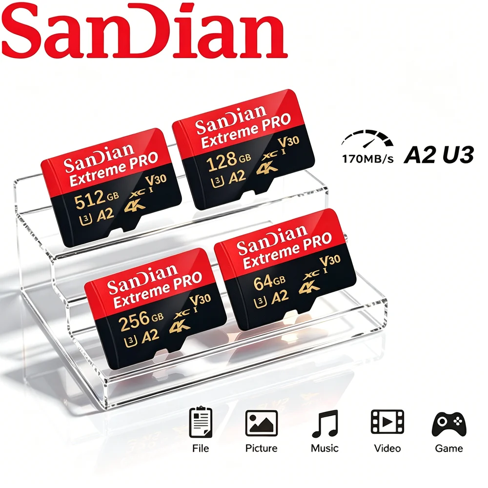 Carte mémoire 64 Go 128 Go 256 Go 512 Go Carte SD Micro TF SD U3 V30 A2 Haute vitesse Best-seller pour drone Vidéo 4K Photographie aérienne