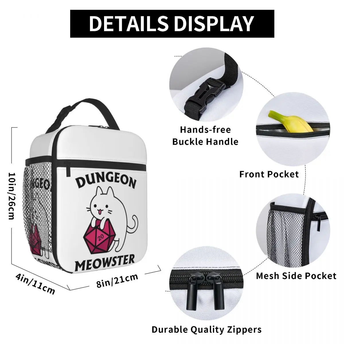 Dungeon Meowster DnD Dungeon Master Cat With D20 Insulated Lunch Bag for Women Office Cooler Thermal Food Box Tote Lunch Boxes