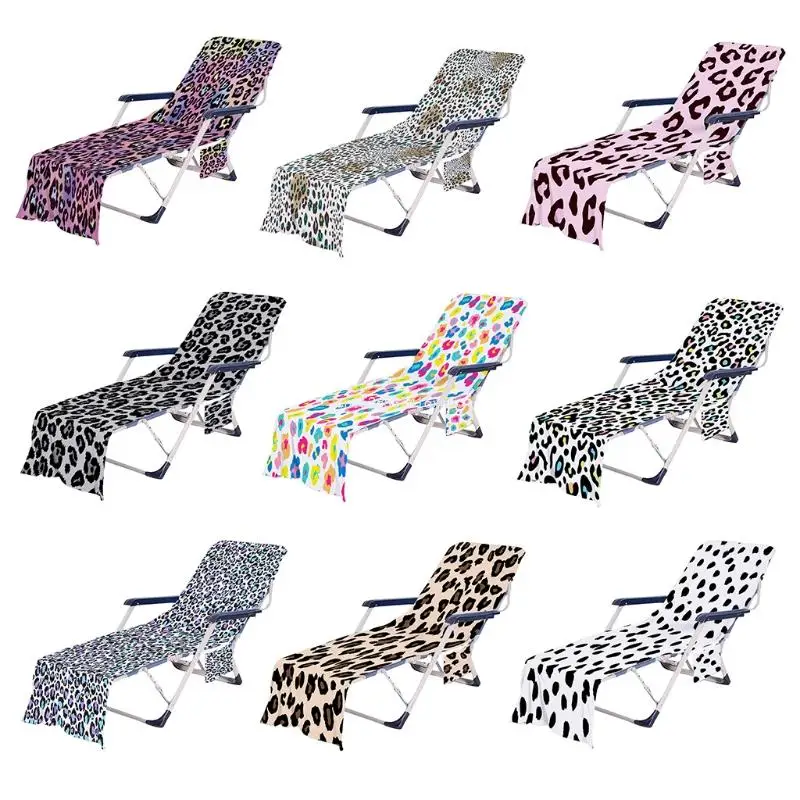 Dropship Boho colorido estampado leopardo playa Chaise silla cubierta con bolsillos laterales No deslizante microfibra