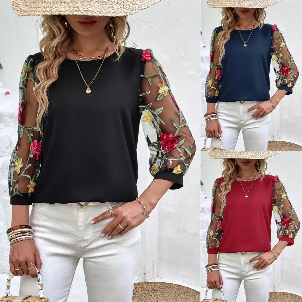 

Women's Bla Me Patchwork Top with Tee Quarter Sve Polyester Fiber irt Sle Commute Faion Regular Thin