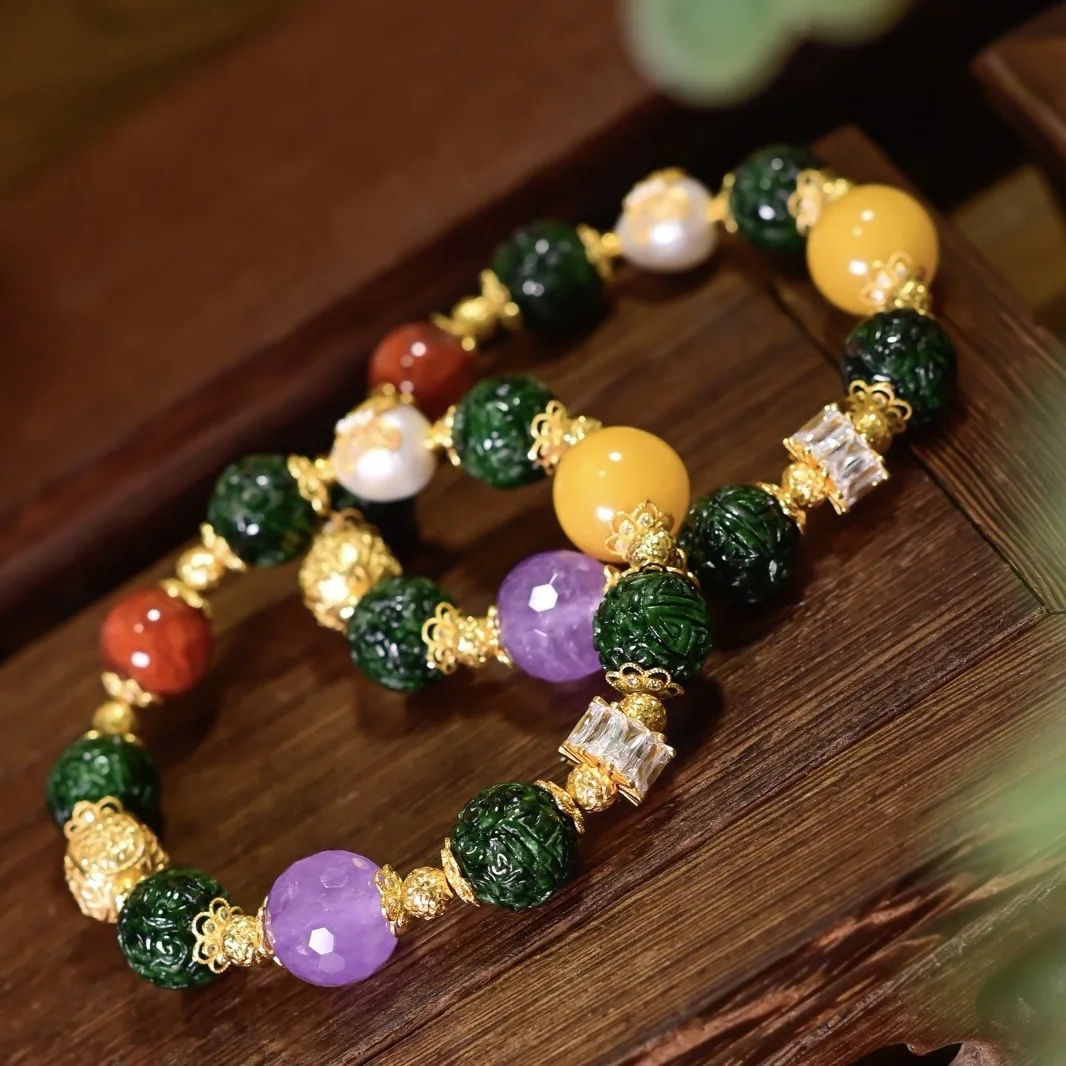 A Grade Intense Green Jadeite Bracelet, 925 Silver Gold Plated Amber Red Agate Carved