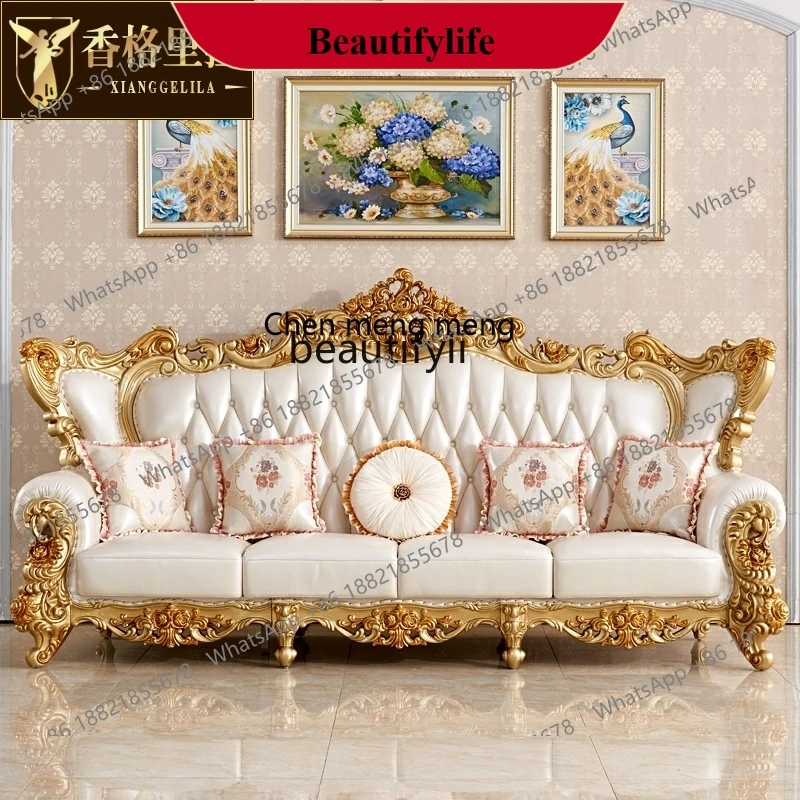 z183 European leather sofa, full solid wood carving flower leather sofa large apartment U-shaped living room combination