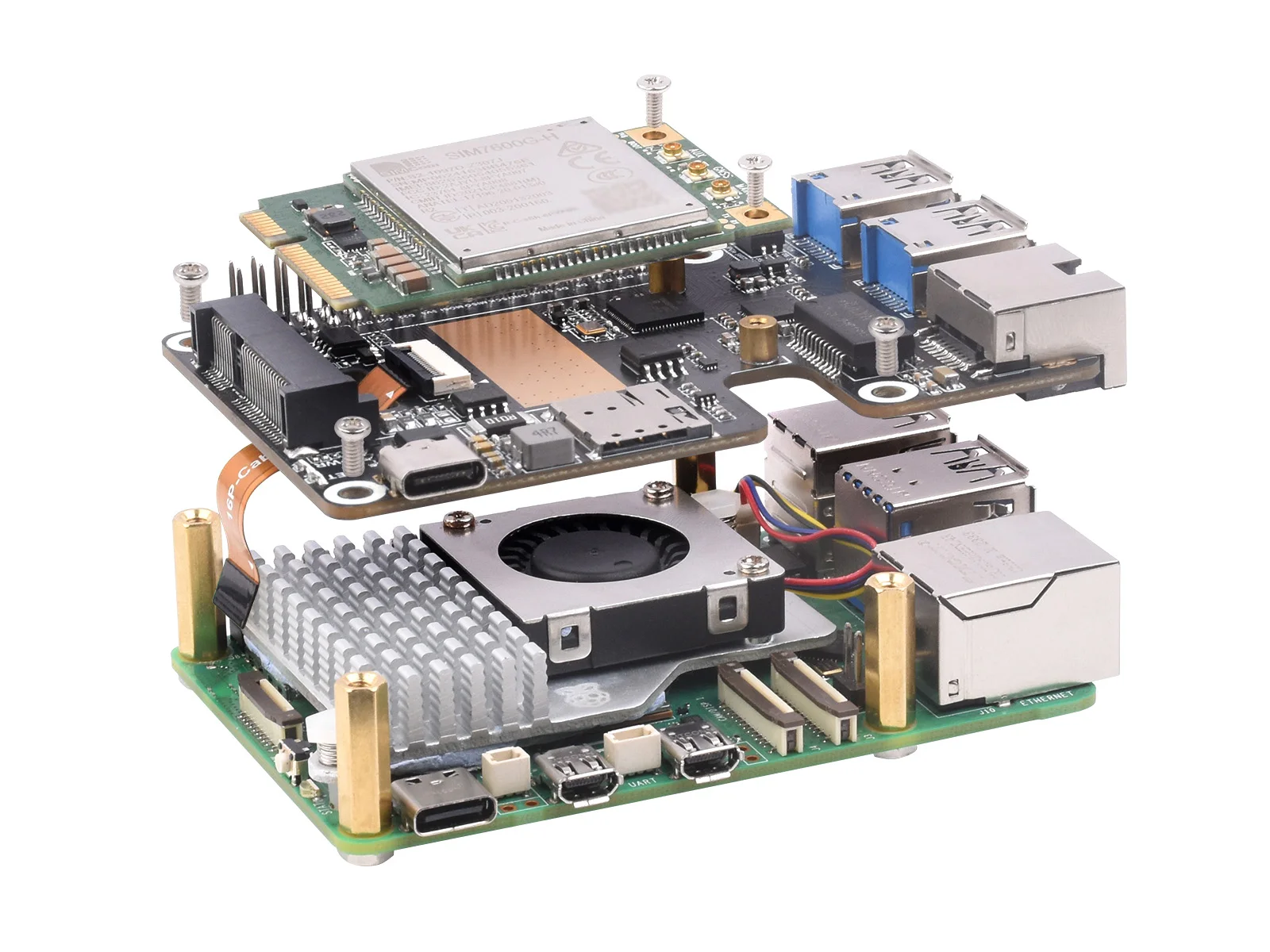 Waveshare PCIe to MiniPCIe/Gigabit Ethernet/USB 3.2 Gen1 HAT, Supports MiniPCIe interface 4G Module, Raspberry Pi 5 HAT EG25-G