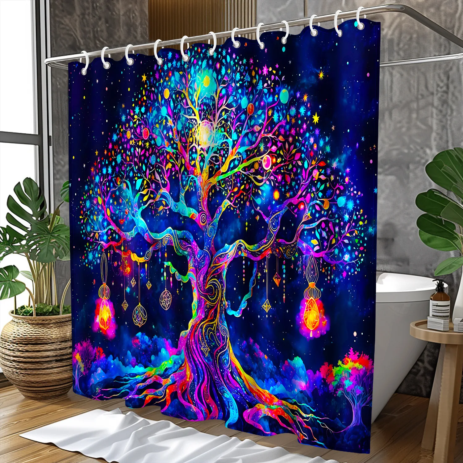 2D Flat, 2D Flat, [2D Flat Printing] 1pc - Glow in The UV Light - Night Forest Colorful Spirit Tree Art Shower Curtain, with Hoo