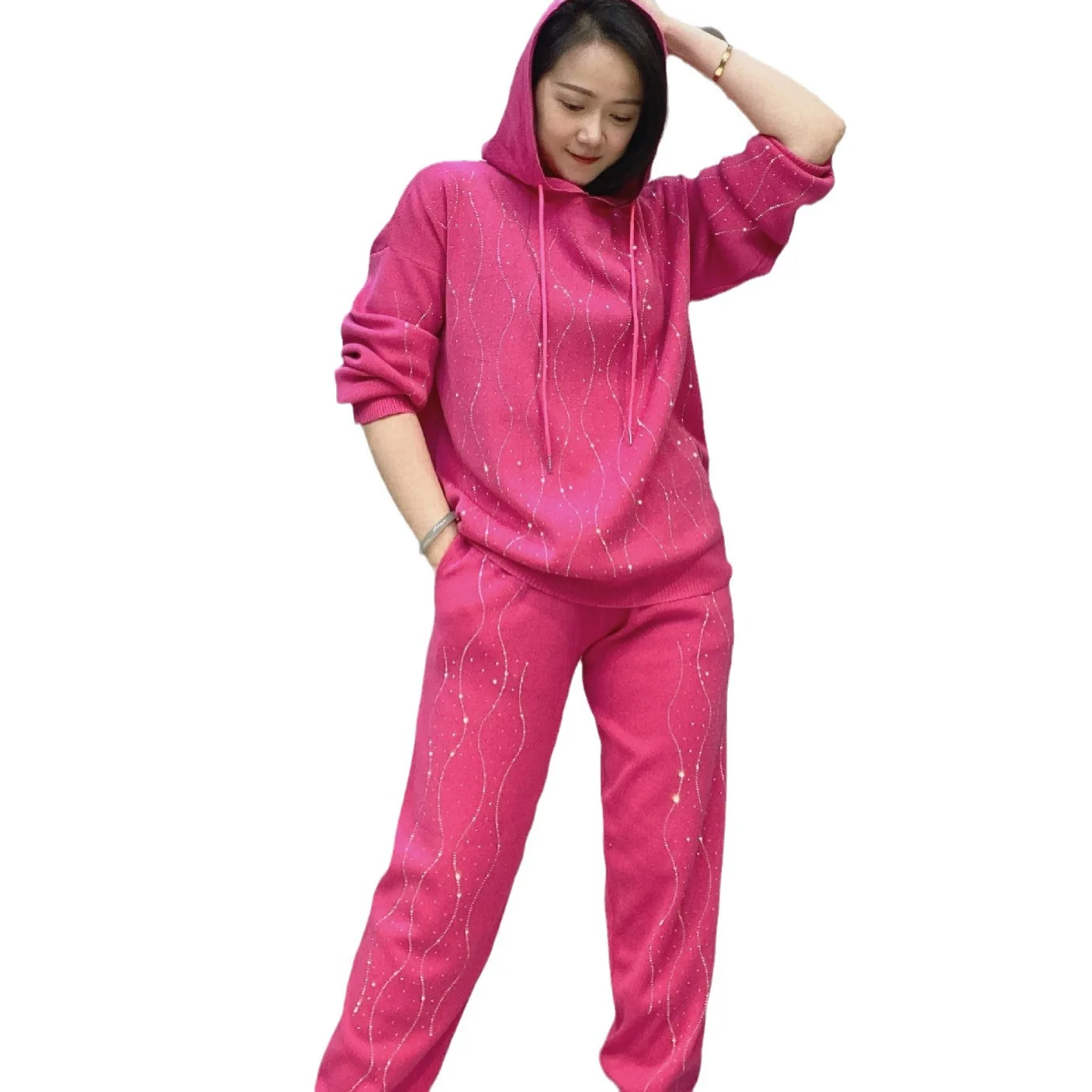 Повседневный блестящий вязаный комплект из двух предметов для женщин, свободная спортивная одежда больших размеров, модный длинный свек, хлопок, весенний сезон