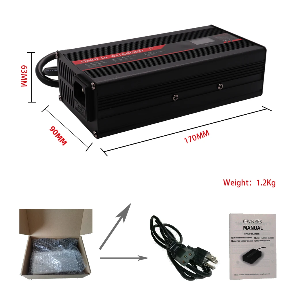 OHRIJA 54.6V 10A Charger Smart Aluminum Case Is Suitable For 13S 48V LCD Dispay Li-ion Lipo Battery OLED Display Fast Charger
