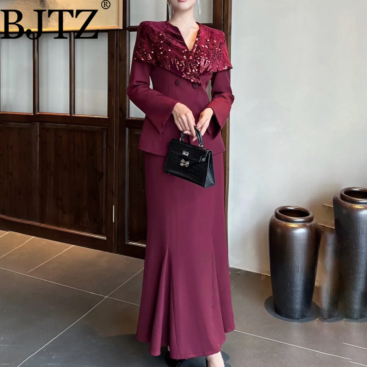 

BJTZ темпераментный вечерний костюм для женщин, новинка 2025 года, элегантный дизайн с блестками, пиджак + юбка с высокой талией, комплект из 2 предметов, женская одежда