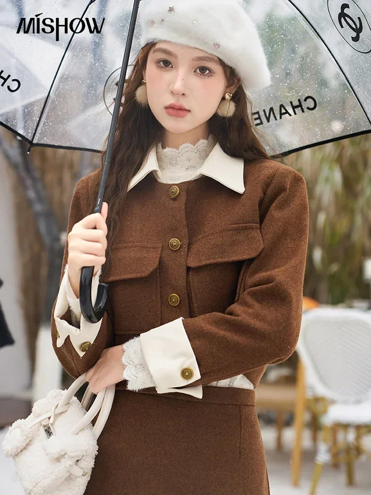 MISHOW Blazer and Skirt Set for Women 2023 Autumn Winter Wool Blend Two Piece Set Elegant Jacket Slit Back Skirt Suit MXC54T0162