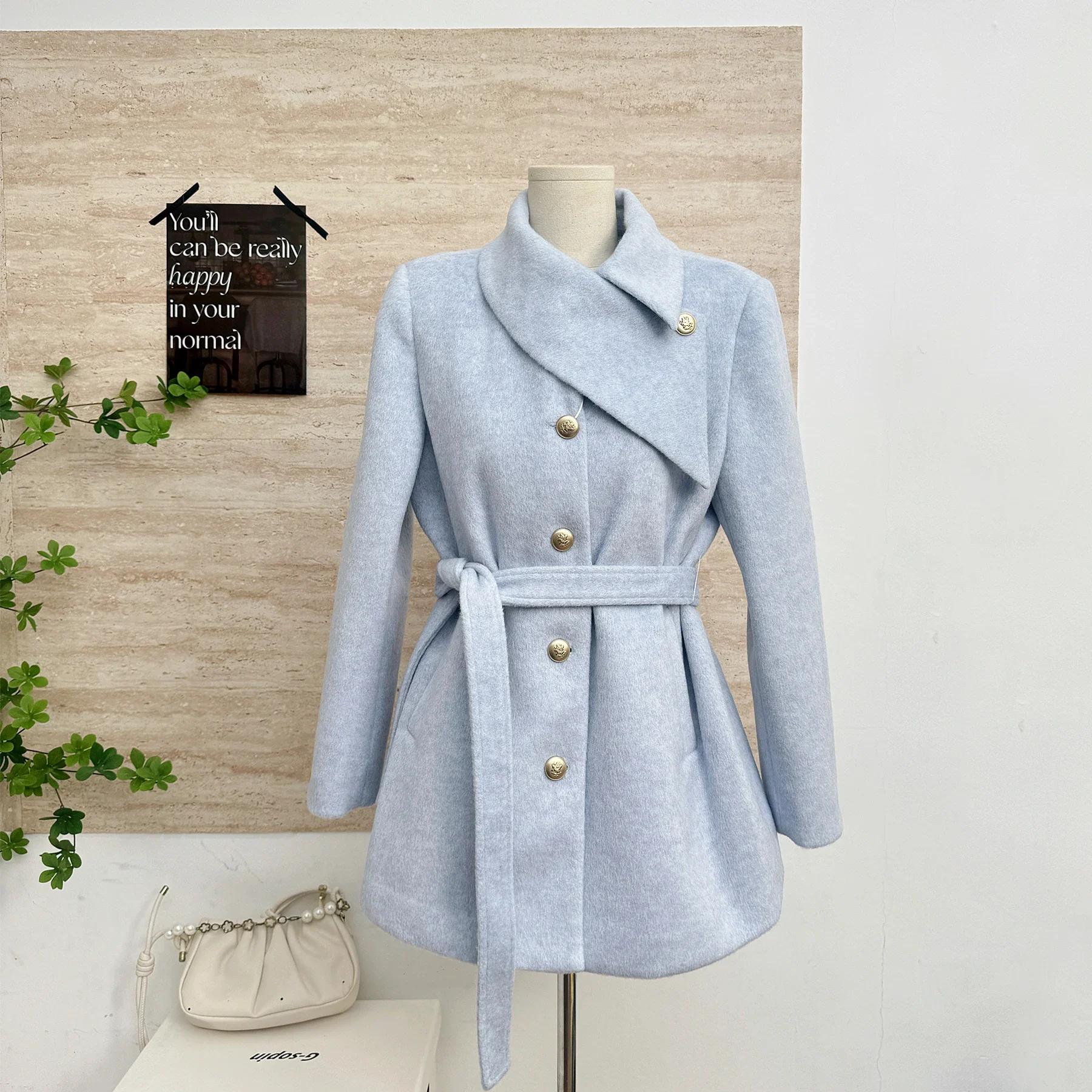 UNXX Rich Heiress Elegant Outfit Sweet Wool Coat Thickened Waist-Cinching Blue Woolen Coat for Women Female Office Lady Winter