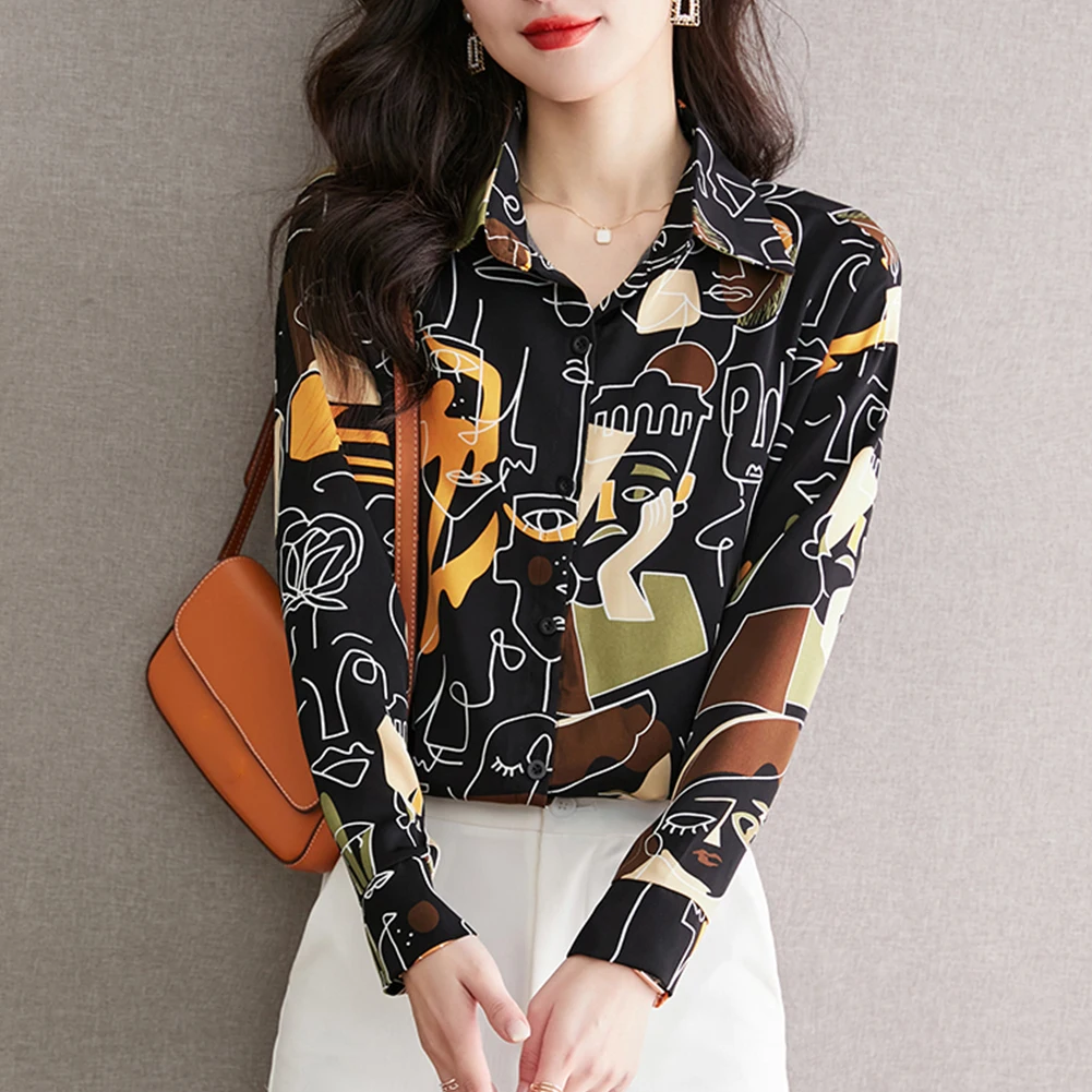 

Shirt Shirts Womens Chiffon Chiffon Shirt Commuting Loose Printed Regular Length Temperament Black Hot Stylish