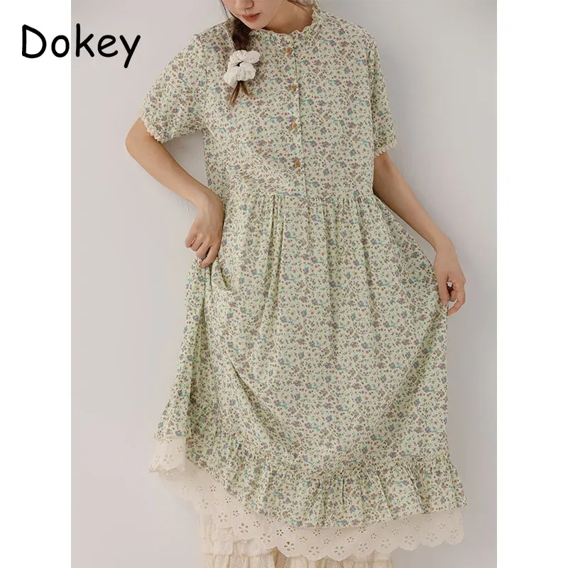 

Sweet Vintage Peter Pan Collar Green Floral Dress Women Summer Japan style Mori Girl Puff Sleeve Cotton Linen Midi Dress Female