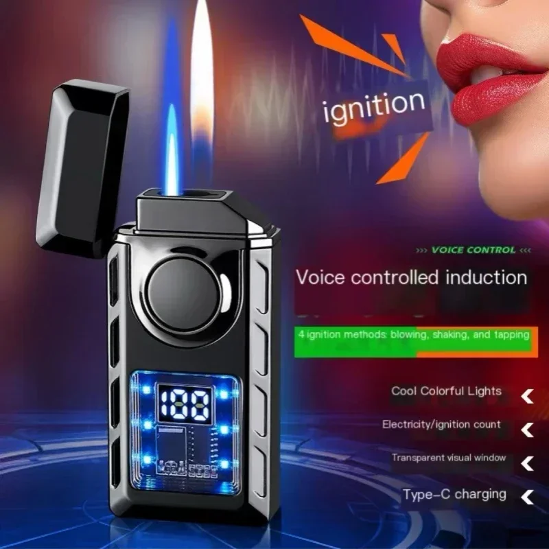 Creative Voice Controlled Ignition Gas Lighter Color Light Battery Display Open Fire Switching Jet Fire USB Electric Lighters