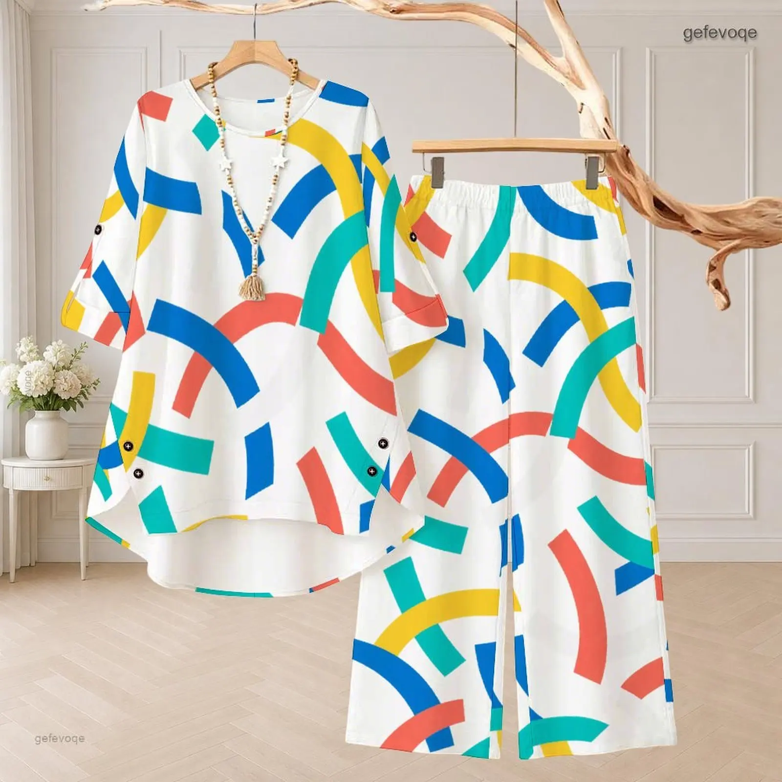 Women Multi-color Geometric Triangle Print Round Neck 3/4 Sleeve Top and Long Pants Two Piece Set