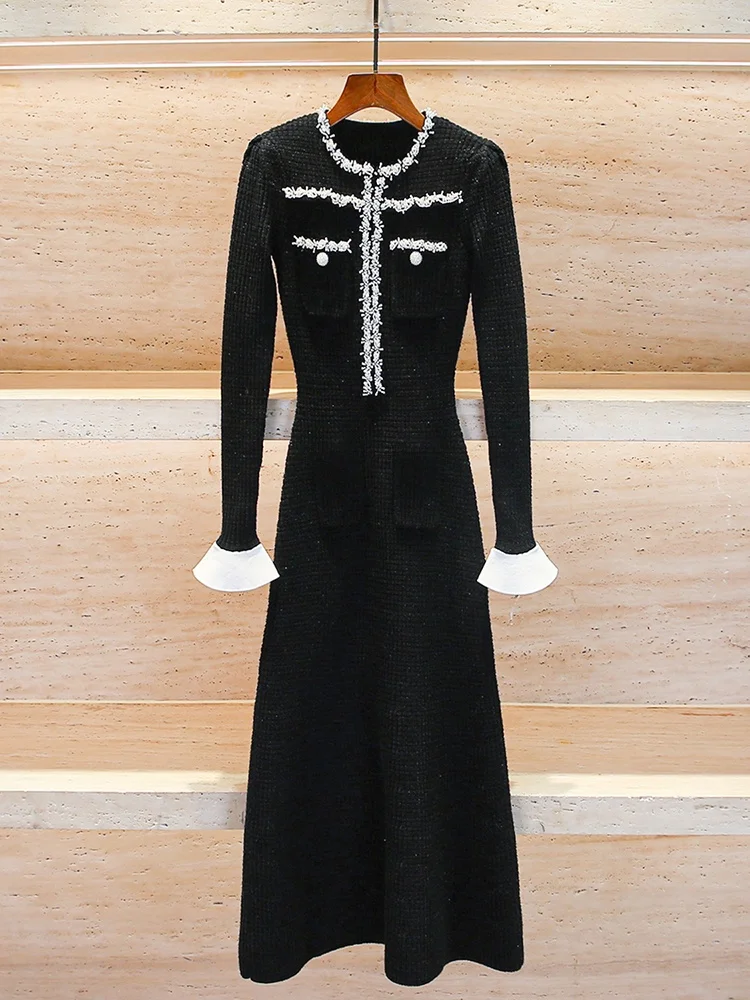 Vestido de malha de cintura alta da primavera, vestido longo f e com pérolas, estilo , manga crida