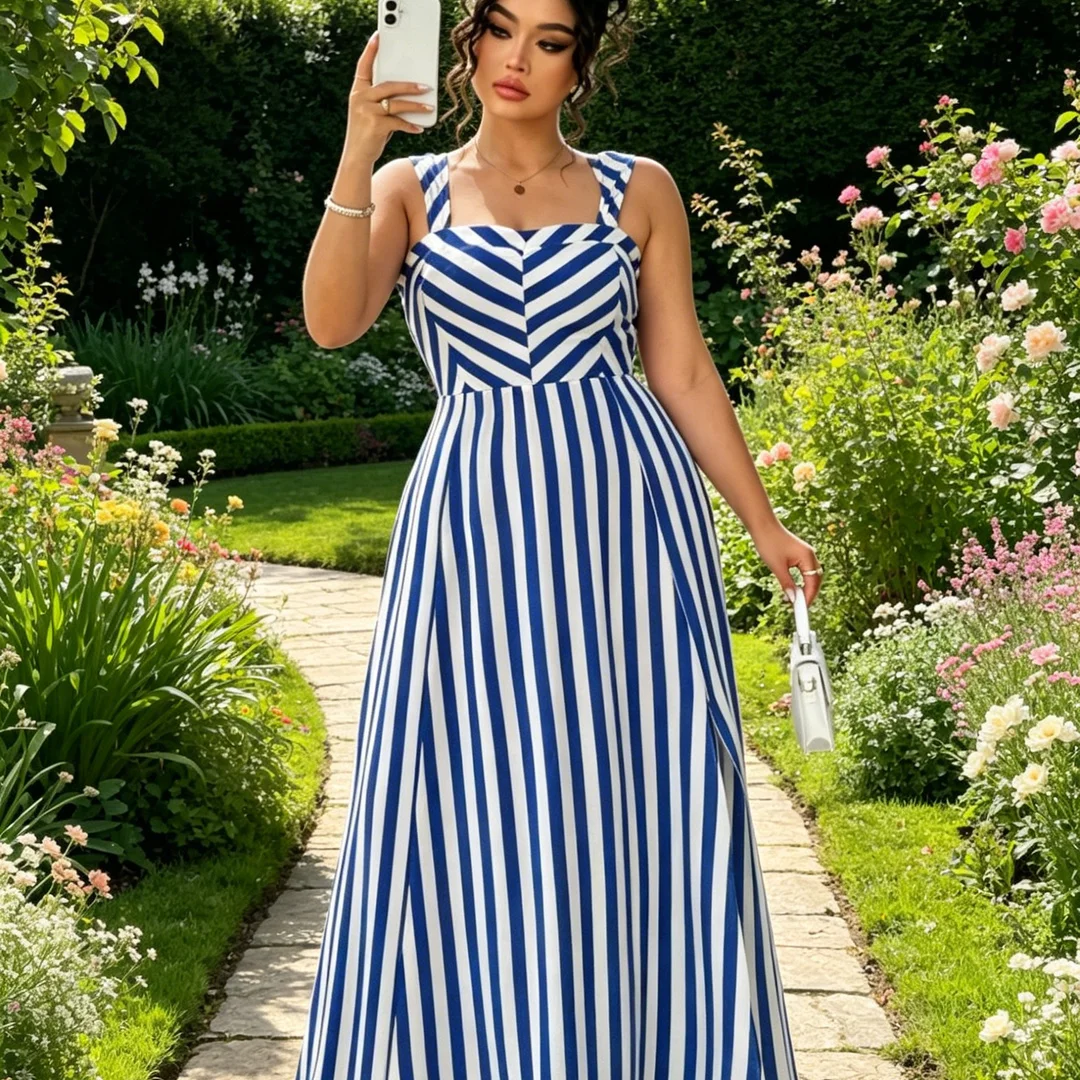 

Women Plus Size Blue White Striped Maxi Dress Square Neck Wide Strap Back Elastic Smocked High Waist Side Split A Line Swing Lon